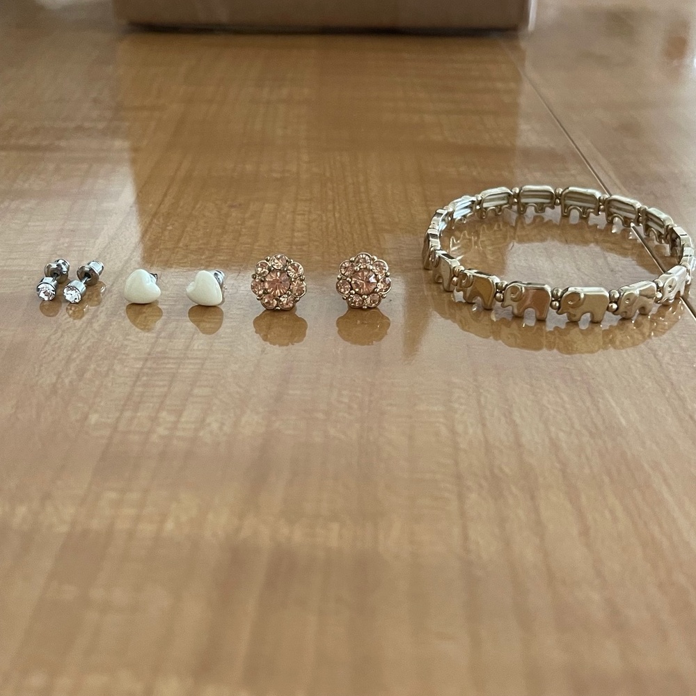 Gold Elephant Stretchy Bracelet + Stud Earring Bundle